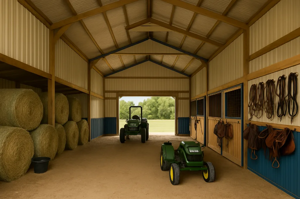 Raised Center Aisle Pole Barn with 2, Lean To's 48x36x16 interior staged for storage