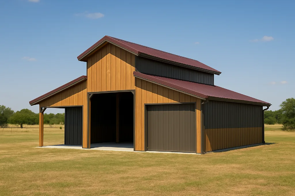 Raised Center Aisle Pole Barn with 3' Overhang 34x42x14 exterior view