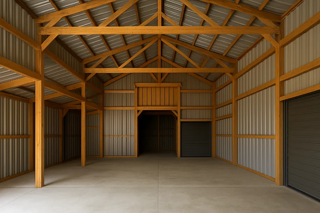 Raised Center Aisle Pole Barn with 3' Overhang 34x42x14 unfinished interior as delivered