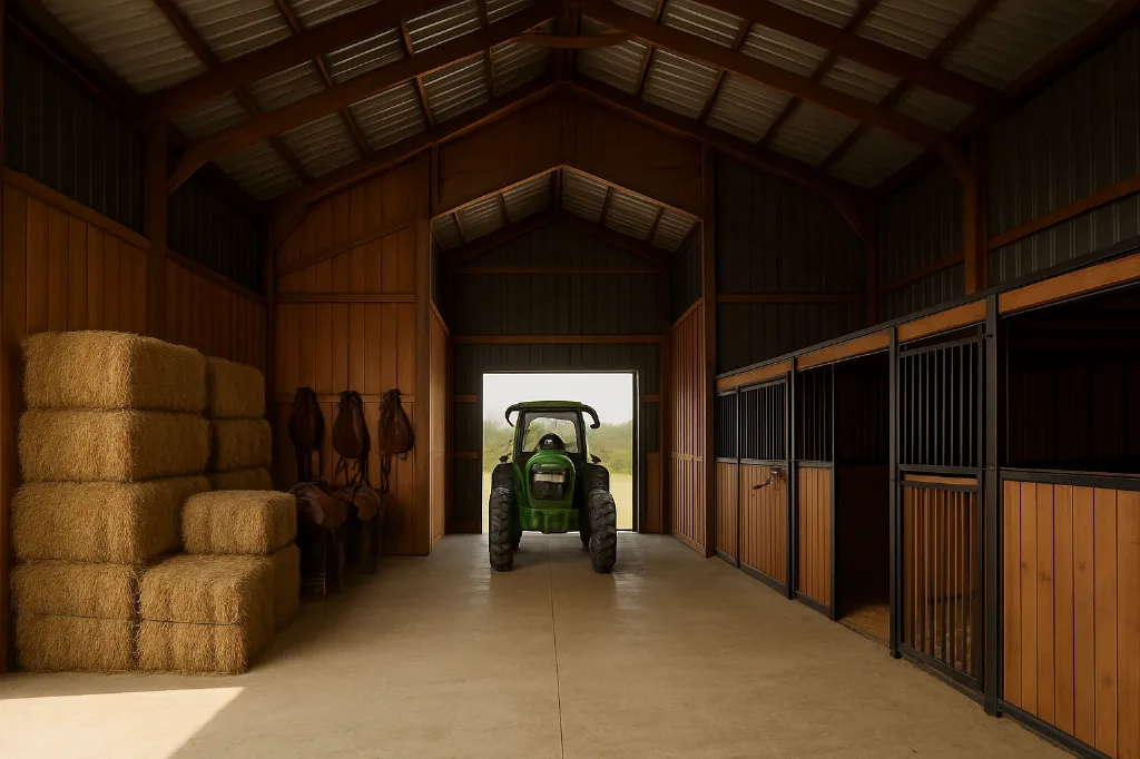 Raised Center Aisle Pole Barn with 3' Overhang 34x42x14 interior staged for storage