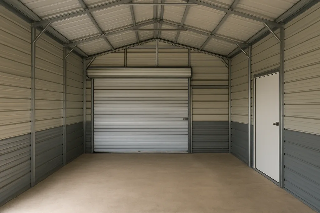 Regular Roof Front Entry Garage 12x21x8 unfinished interior as delivered