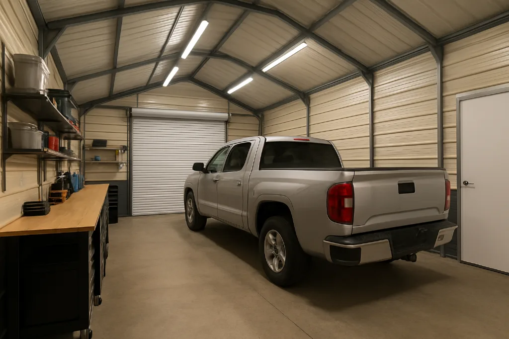 Regular Roof Front Entry Garage 12x21x8 interior staged for storage
