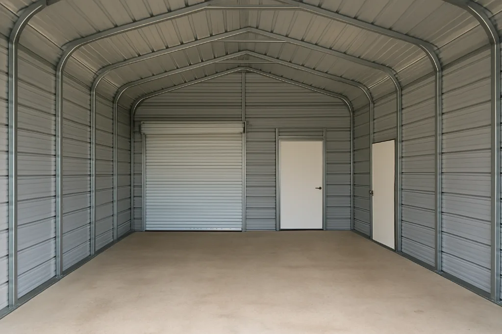 Regular Roof Front Entry Garage 18x30x8 unfinished interior as delivered