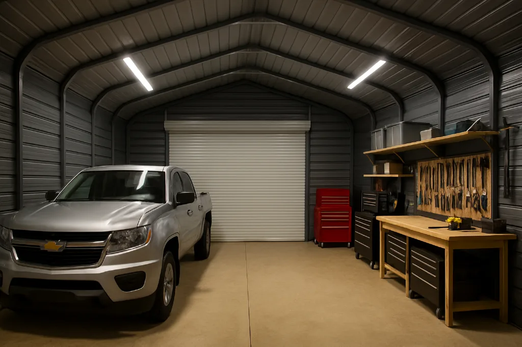 Regular Roof Front Entry Garage 18x30x8 interior staged for storage