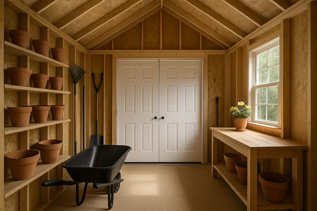 Side Gable Utility Shed interior staged for storage