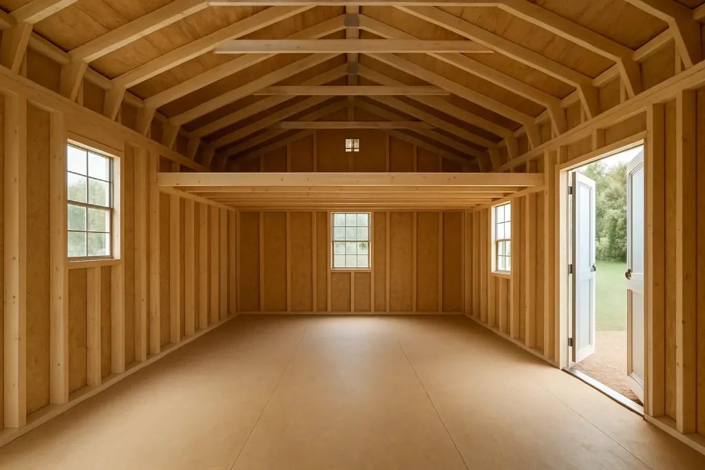 Side Lofted Barn unfinished interior as delivered