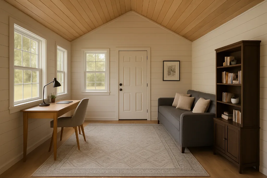 Side Porch Cabin interior staged for storage