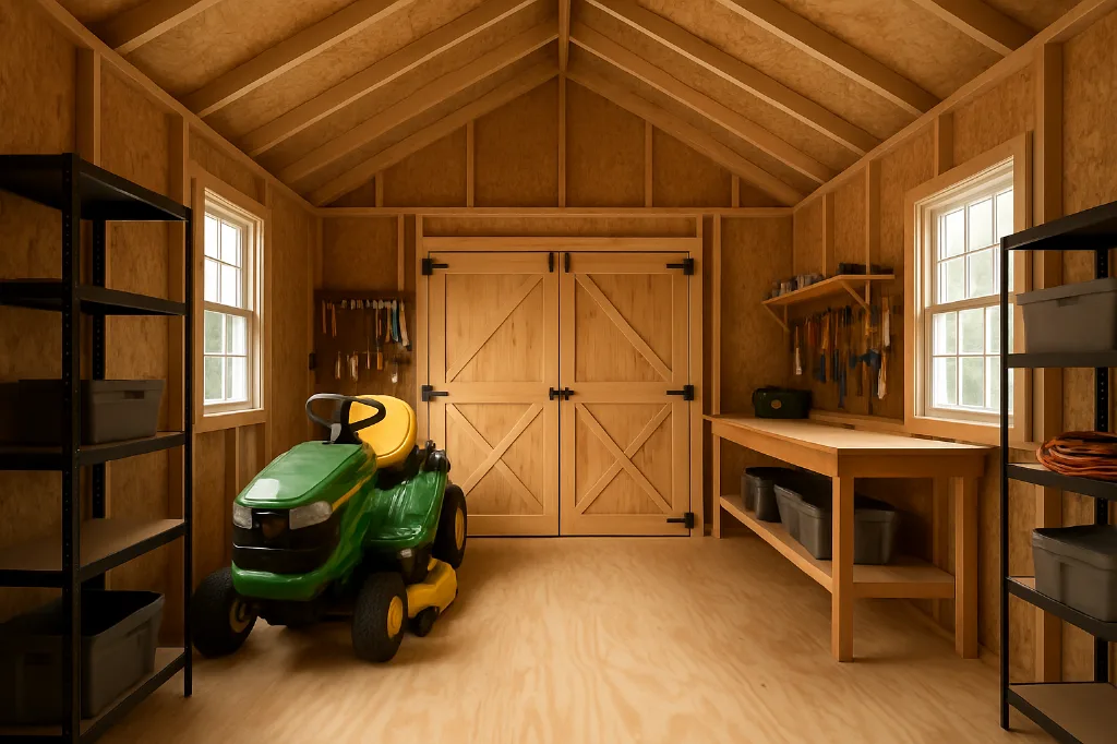 Side Utility Shed interior staged for storage