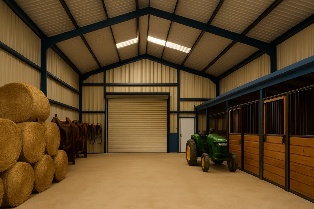 Steel Barn 42x30x12 interior staged for storage