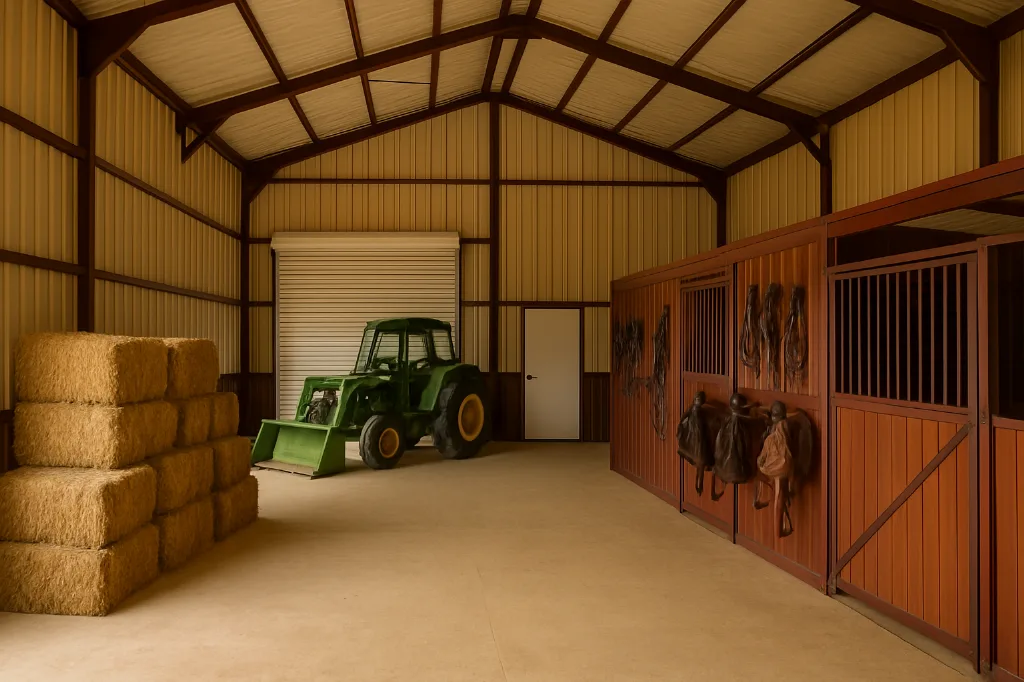 Steel Barn with 10' Covered Front Porch 30x40x12 interior staged for storage