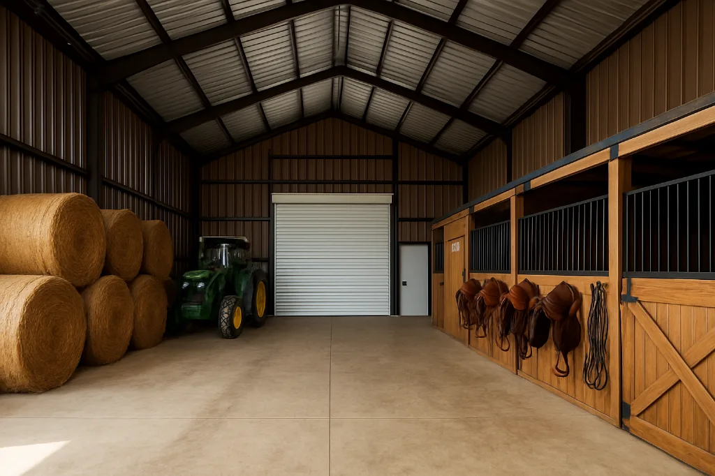 Steel Barn with Lean To 30x50x14 interior staged for storage
