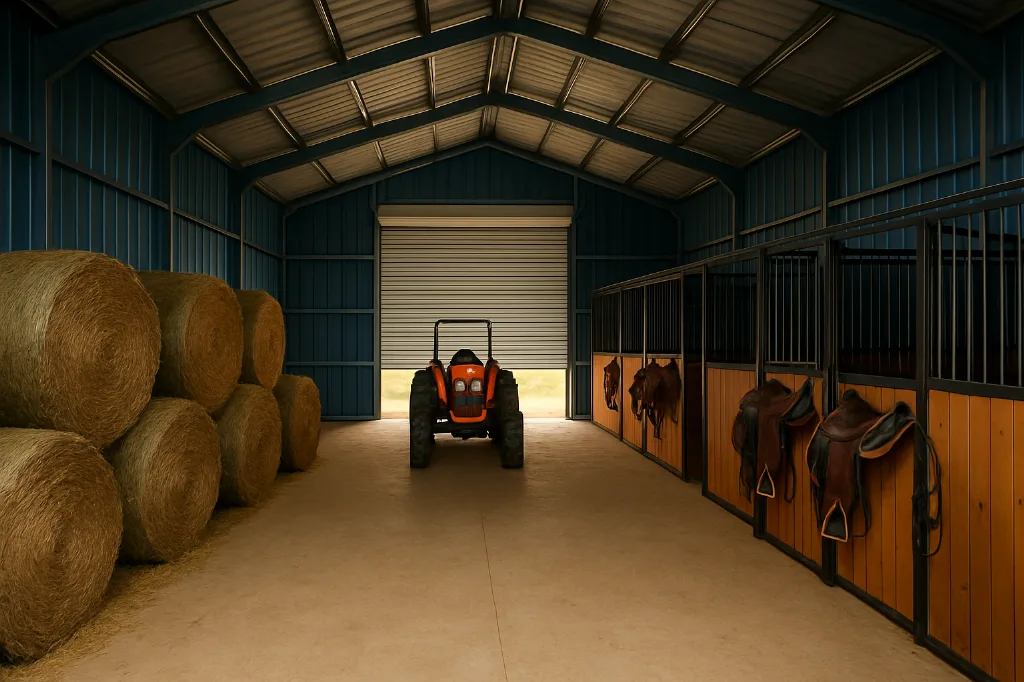 Steel Barn with Lean To 42x25x14 interior staged for storage