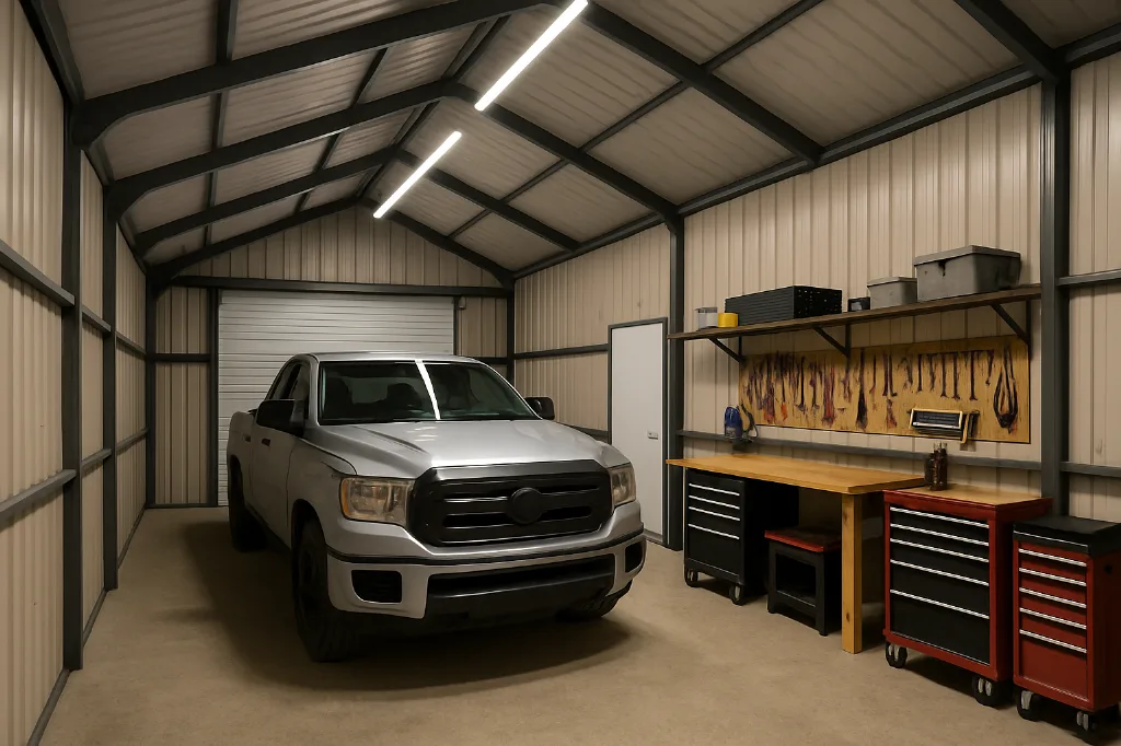 Vertical Roof 2 Car Garage Front Entry 18x20x9 interior staged for storage