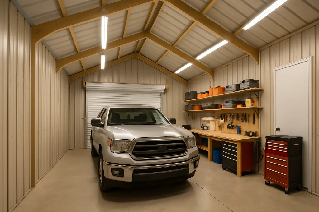 Vertical Roof End Entry Garage 24x25x9 interior staged for storage