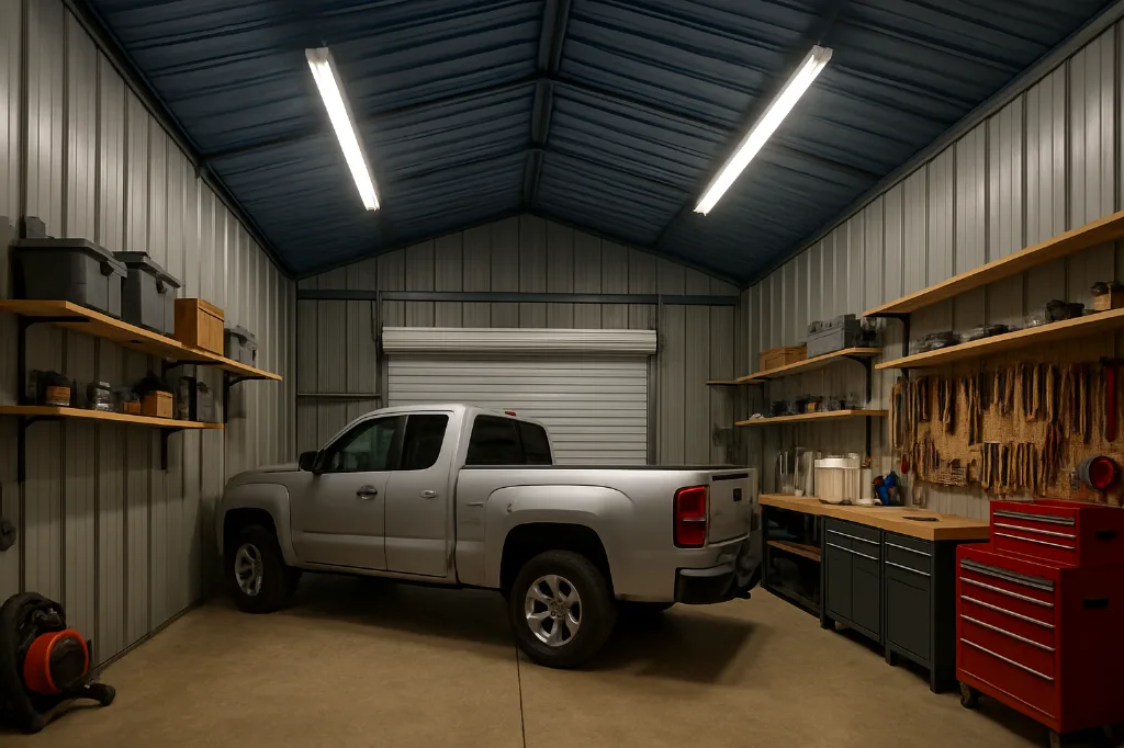 Vertical Roof End Entry Garage 24x30x9 interior staged for storage