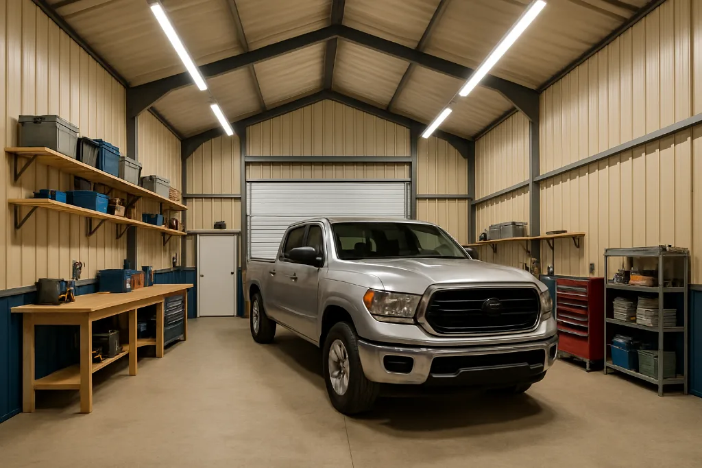 Vertical Roof End Entry Garage 24x35x11 interior staged for storage