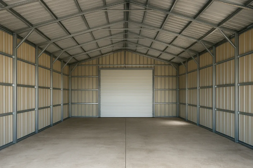 Vertical Roof End Entry Garage 24x40x10 unfinished interior as delivered