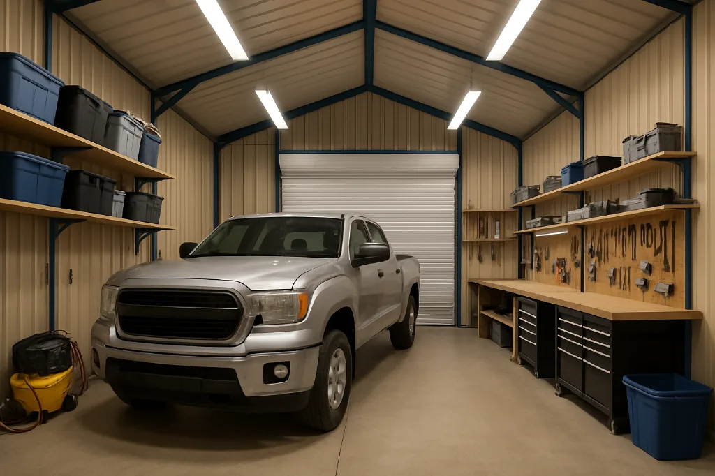 Vertical Roof End Entry Garage 24x40x10 interior staged for storage