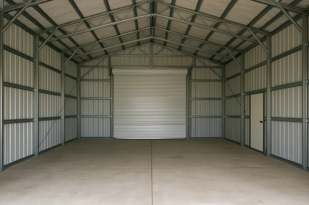 Vertical Roof End Entry Garage 24x40x8 unfinished interior as delivered