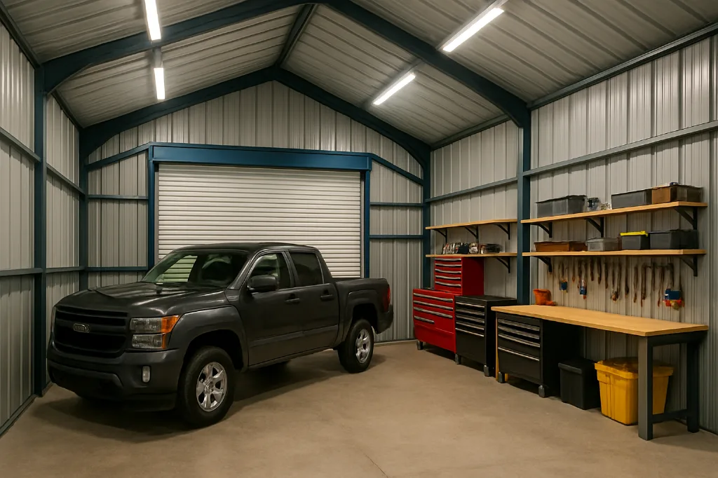 Vertical Roof End Entry Garage 24x40x8 interior staged for storage
