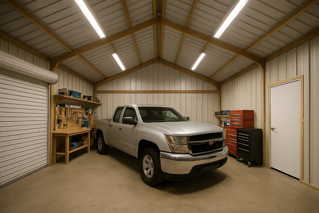 Vertical Roof Garage 20x25x9 interior staged for storage