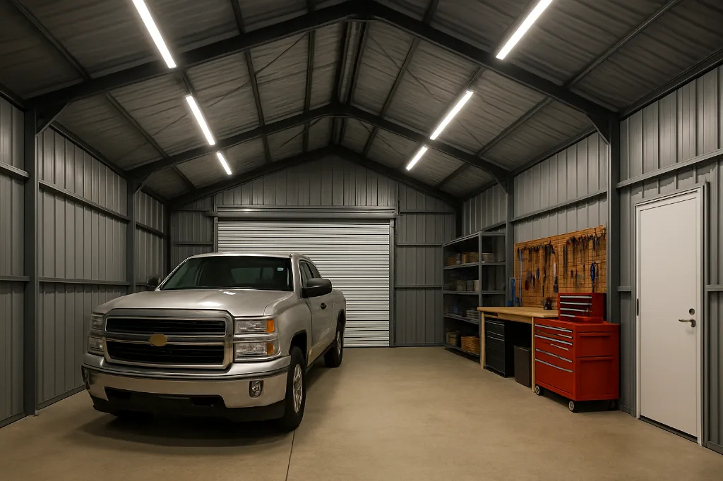 Vertical Roof Garage 24x30x14 interior staged for storage