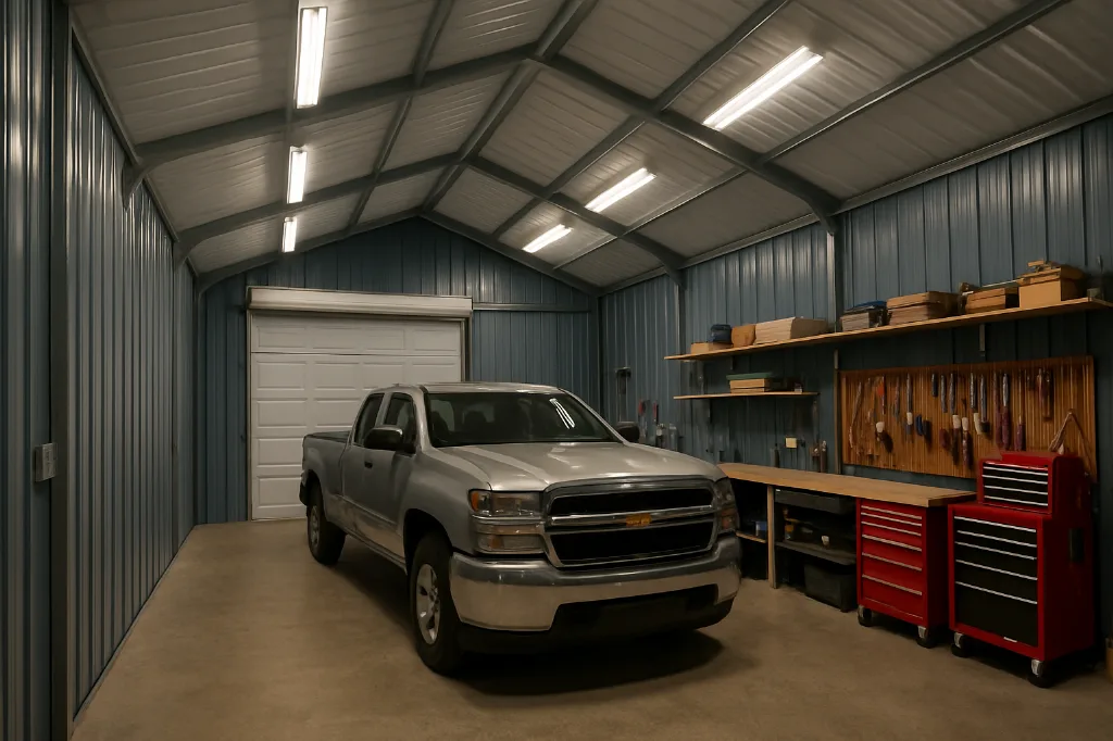 Vertical Roof Garage 24x40x10 interior staged for storage