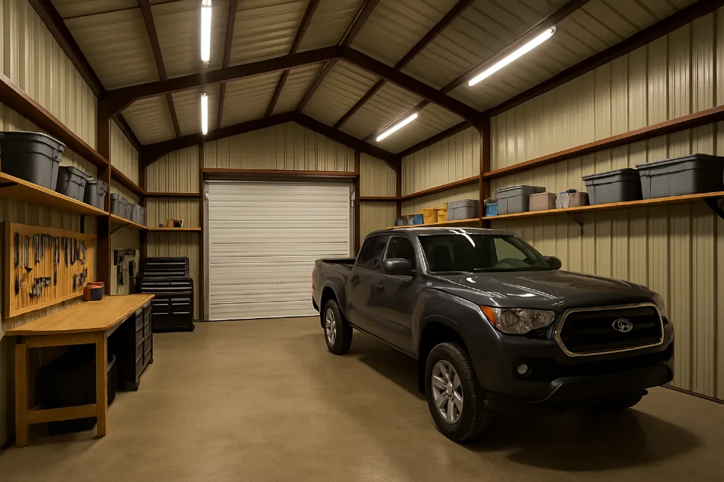 Vertical Roof Garage 30x50x14 interior staged for storage