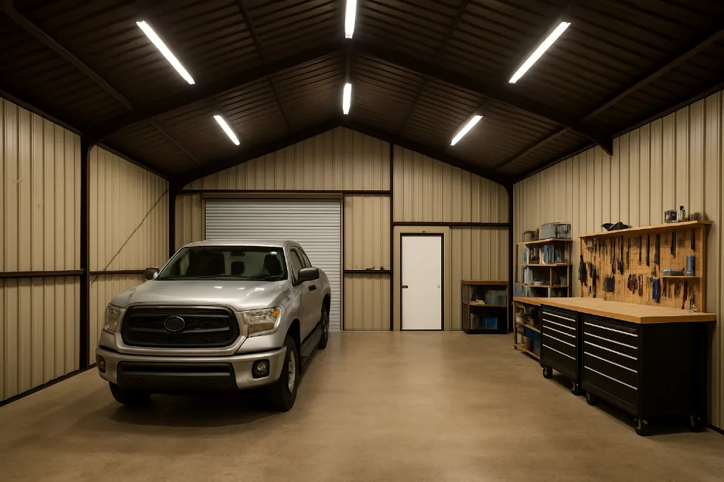 Vertical Roof Garage 30x60x14 interior staged for storage
