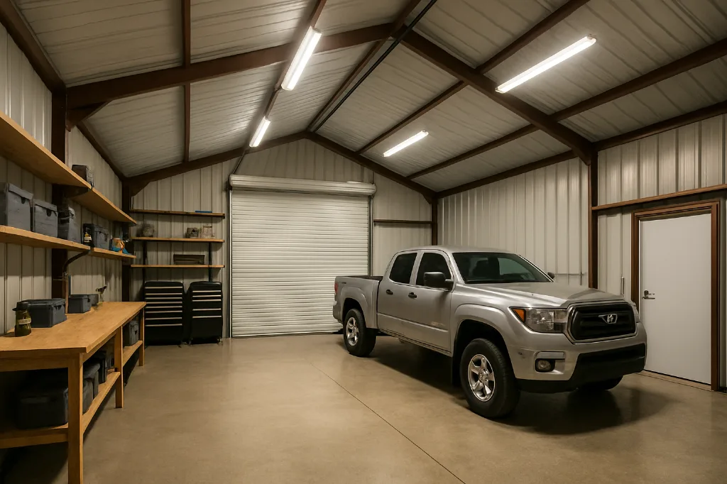 Vertical Roof Garage 30x70x12 interior staged for storage