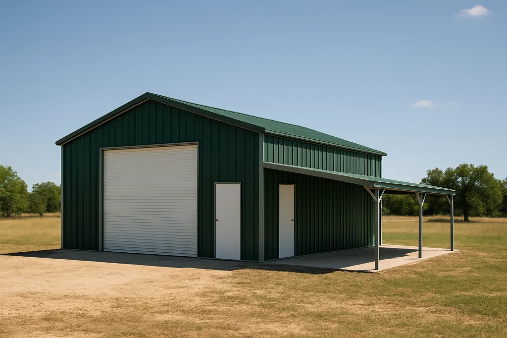 Vertical Roof Garage With 12 Lean To 30x40x14 exterior view