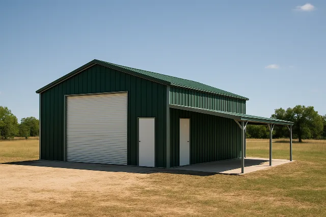 Vertical Roof Garage With 12 Lean To 30x40x14 for sale, outside view