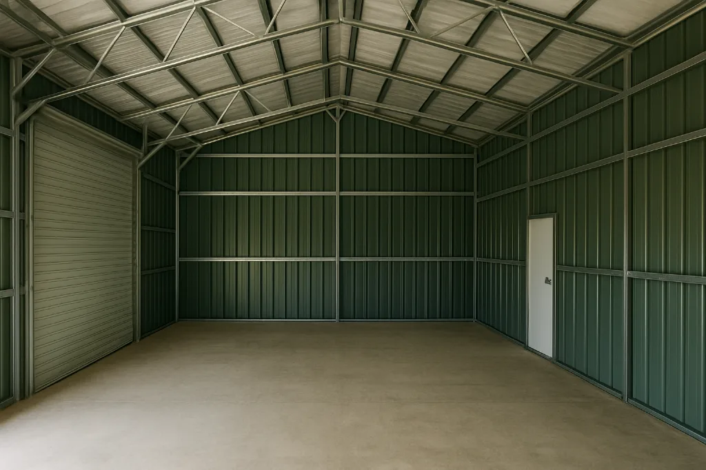 Vertical Roof Garage With 12 Lean To 30x40x14 unfinished interior as delivered