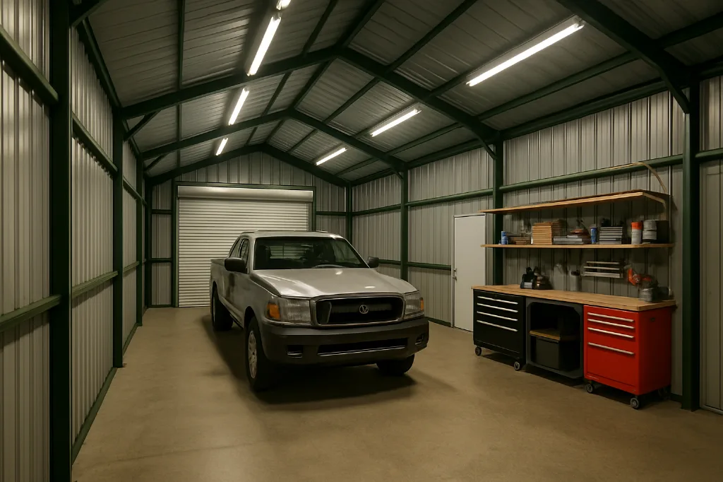 Vertical Roof Garage With 12 Lean To 30x40x14 interior staged for storage