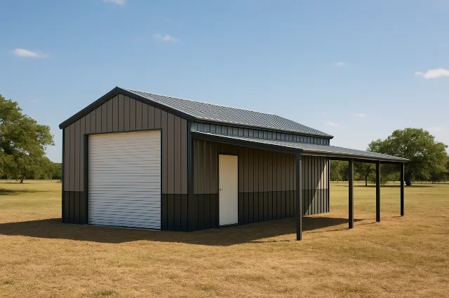 Vertical Roof Garage With Lean To 12x30x9 for sale, outside view