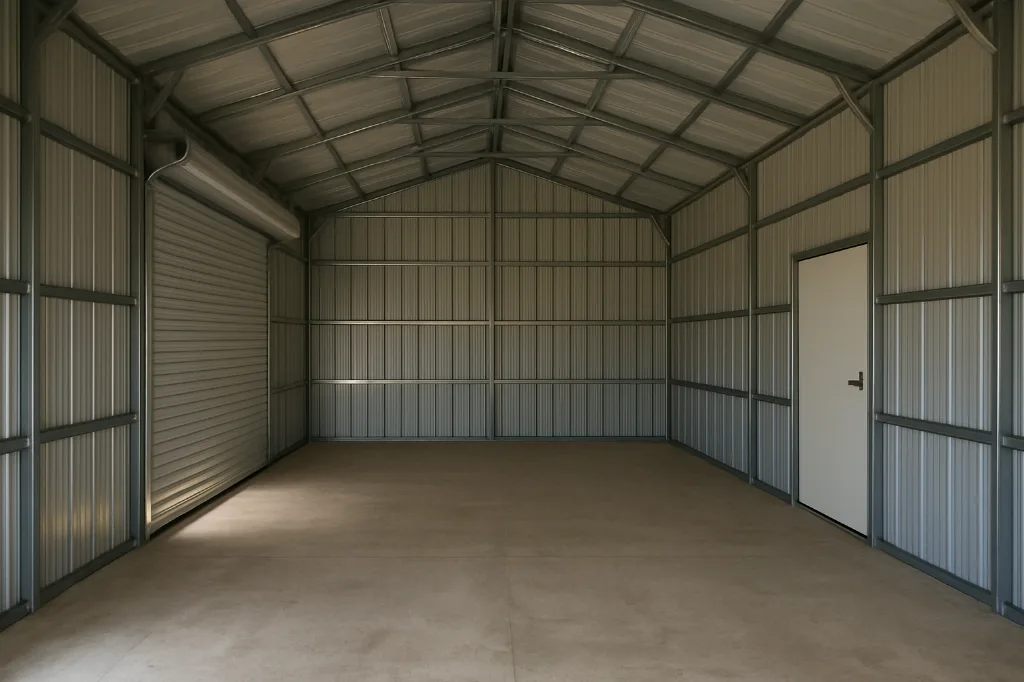 Vertical Roof Garage With Lean To 12x30x9 unfinished interior as delivered