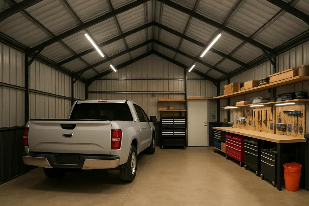 Vertical Roof Garage With Lean To 12x30x9 interior staged for storage