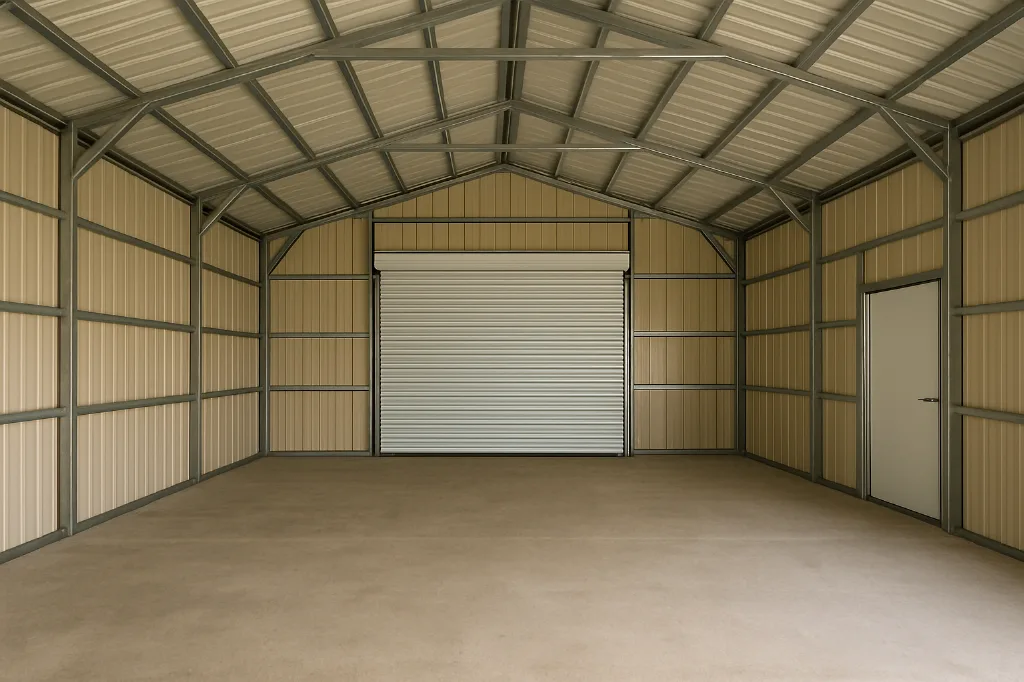 Vertical Roof Side Entry Garage 24x30x10 unfinished interior as delivered