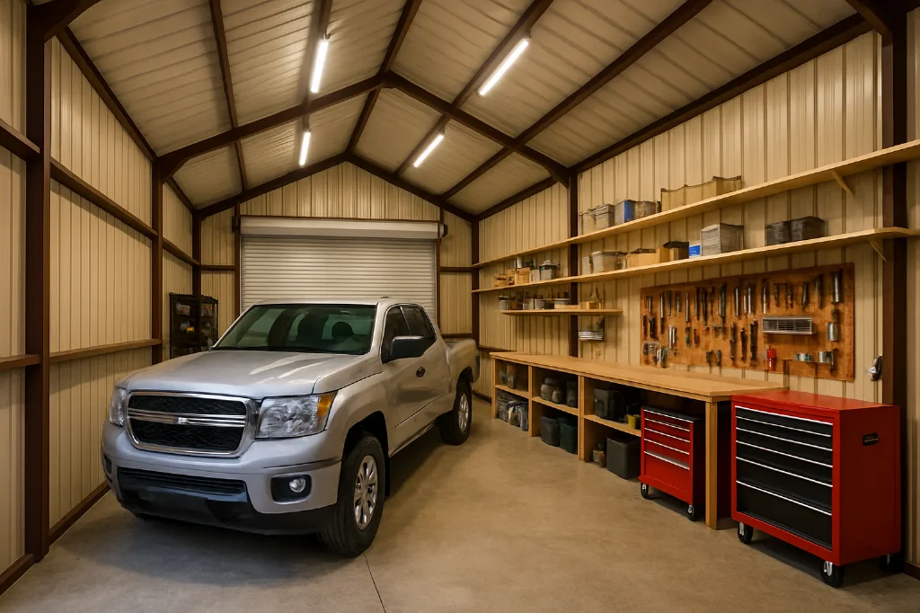 Vertical Roof Side Entry Garage 24x30x10 interior staged for storage