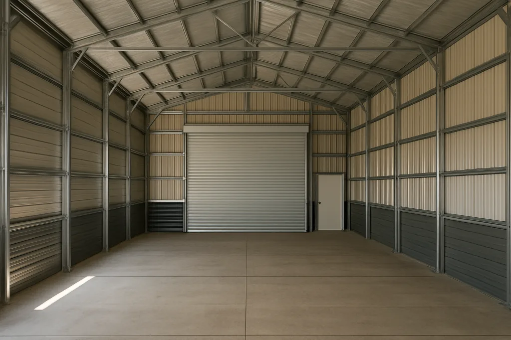 Vertical Roof Side Entry Garage 26x45x14 unfinished interior as delivered