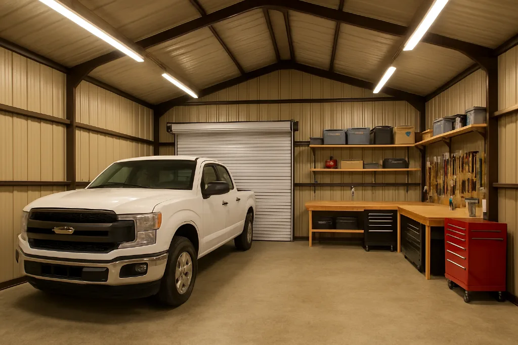 Vertical Roof Side Entry Garage 26x45x14 interior staged for storage