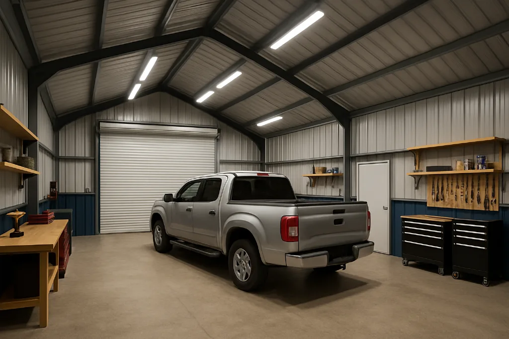 Vertical Roof Triple Wide Garage with Lean To 30x60x13 interior staged for storage